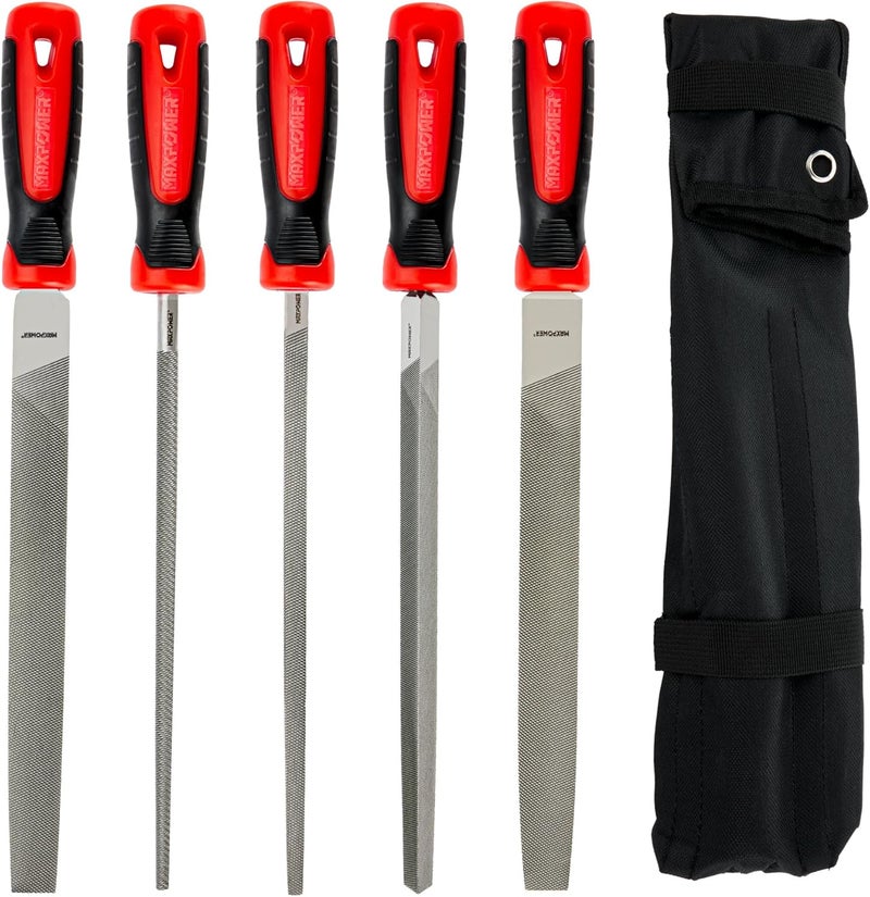 Max Power 10-inch Metal File Set, 5 Pieces Hand Files Including Flat, Round, Half-Round, Triangle and Square, Soft Grip Handle, File Set for Wood, Metal Work and DIY - Image 1